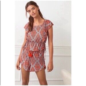 ANTHROPOLOGIE 2pc Set LARGE Loungewear Top Ruffle Smocked Shorts Pajama
